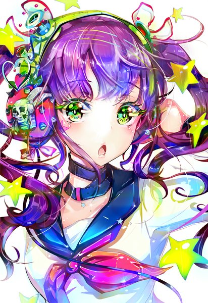 Anime picture 688x1000 with original keepout single long hair tall image looking at viewer blush open mouth simple background white background twintails green eyes purple hair hand on headphones girl uniform hair ornament choker serafuku headphones
