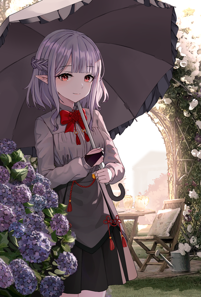 Anime picture 1749x2583 with original kuroiwa (luzpilia lh) single tall image looking at viewer fringe highres short hair breasts smile red eyes standing holding payot silver hair outdoors blunt bangs braid (braids) long sleeves pleated skirt