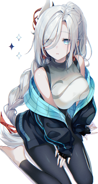 Anime picture 883x1658 with genshin impact shenhe (genshin impact) memeno single tall image fringe blue eyes simple background white background sitting looking away silver hair braid (braids) very long hair barefoot from above hair over one eye off shoulder open jacket alternate costume