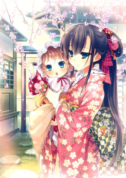 Anime picture 3265x4602 with original eshi 100-nin ten katagiri hinata long hair tall image blush highres short hair blue eyes black hair brown hair absurdres traditional clothes japanese clothes cherry blossoms girl flower (flowers) petals kimono obi