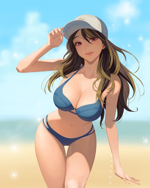 Anime picture 2800x3508 with final fantasy final fantasy xiv square enix hyur hongcasso single long hair tall image looking at viewer fringe highres breasts light erotic smile hair between eyes red eyes brown hair large breasts standing sky