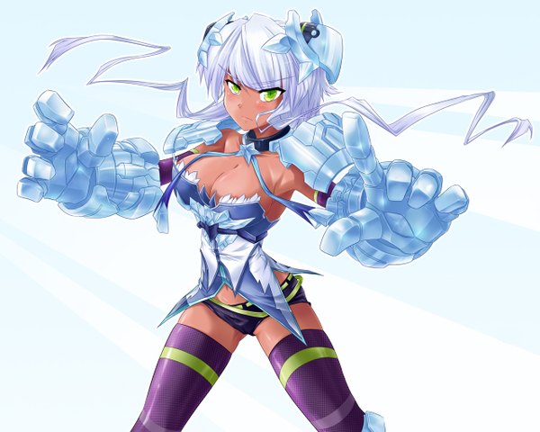 Anime picture 1280x1024 with cardfight!! vanguard single long hair breasts light erotic simple background white background green eyes silver hair girl thighhighs