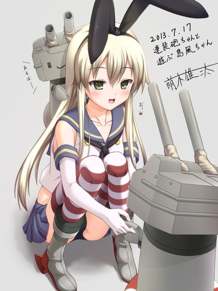 Anime picture 1200x1600 with kantai collection shimakaze destroyer rensouhou-chan moeki yuuta single long hair tall image blush open mouth light erotic green eyes white hair inscription bunny ears pantyshot girl thighhighs gloves miniskirt elbow gloves