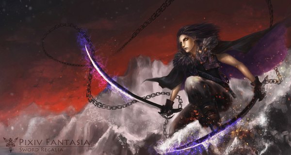 Anime picture 1791x959 with original pixiv fantasia pixiv fantasia sword regalia single long hair highres wide image yellow eyes profile lips glowing boy gloves weapon sword boots katana thigh boots chain fire