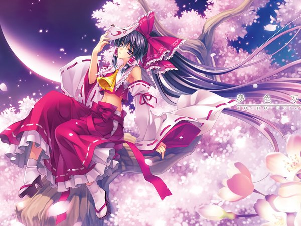 Anime picture 1024x768 with touhou hakurei reimu single fringe sitting purple eyes holding purple hair very long hair traditional clothes wind midriff cherry blossoms miko mask on head girl skirt navel flower (flowers) bow