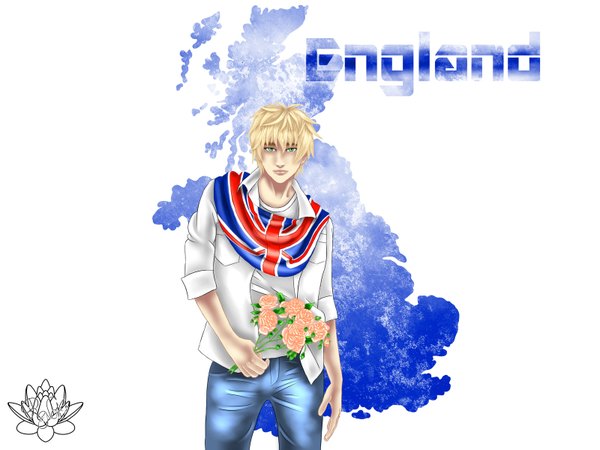 Anime picture 1600x1200 with axis powers hetalia studio deen england (hetalia) yaroslavapanina single short hair simple background blonde hair white background green eyes open clothes open shirt boy flower (flowers) shirt white shirt rose (roses) t-shirt bouquet card (cards)