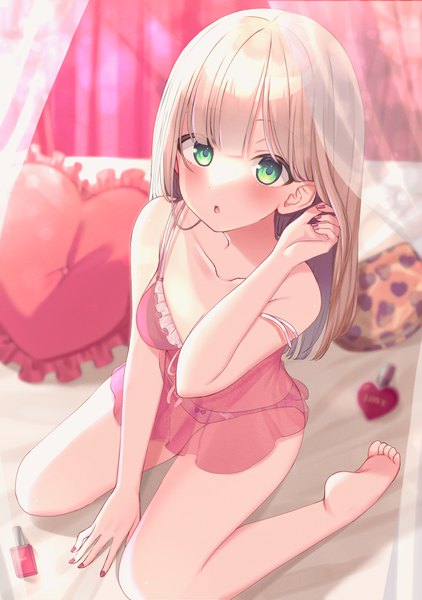 Anime picture 1764x2508 with original asagishiki single long hair tall image looking at viewer blush fringe highres breasts open mouth light erotic blonde hair sitting green eyes blunt bangs nail polish barefoot blurry bare legs