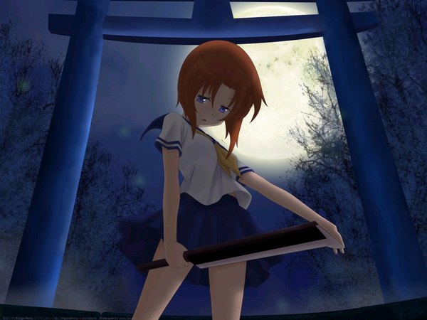 Anime picture 1024x768 with higurashi no naku koro ni studio deen ryuuguu rena single looking at viewer short hair open mouth blue eyes brown hair standing holding payot outdoors parted lips orange hair night from below short sleeves wallpaper night sky