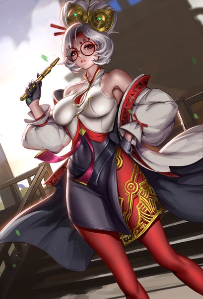 Anime picture 3000x4398 with the legend of zelda the legend of zelda: tears of the kingdom nintendo purah liang xing single tall image looking at viewer fringe highres short hair breasts red eyes large breasts standing bare shoulders holding outdoors white hair long sleeves