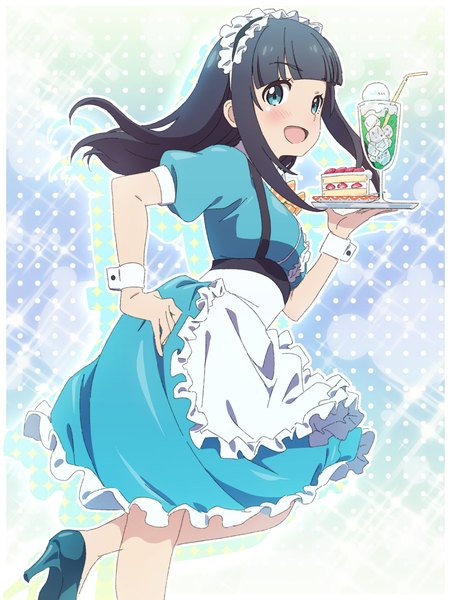 Anime picture 1536x2048 with eromanga sensei a-1 pictures takasago tomoe pink x single long hair tall image blush fringe open mouth blue eyes black hair blunt bangs :d maid high heels hand on hip border waitress girl