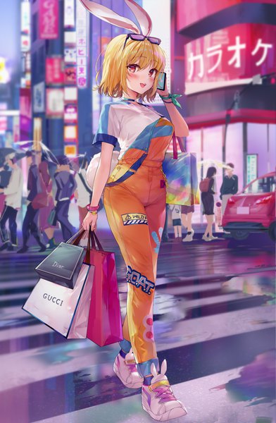 Anime picture 2418x3700 with one piece toei animation gucci dior carrot (one piece) daefny tall image looking at viewer blush fringe highres short hair breasts open mouth blonde hair smile hair between eyes red eyes holding animal ears