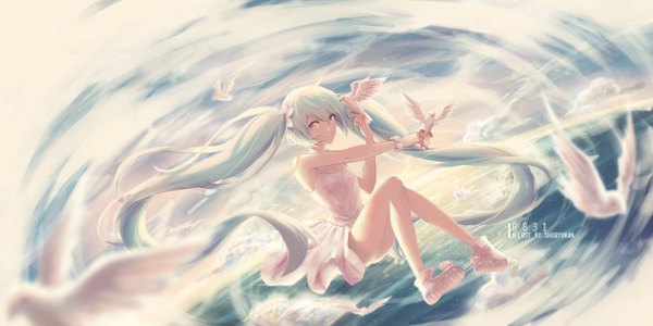 Anime picture 1500x750 with vocaloid hatsune miku shuryukan single looking at viewer wide image twintails signed sky cloud (clouds) bent knee (knees) very long hair aqua eyes aqua hair dated bird on hand girl dress ribbon (ribbons) animal