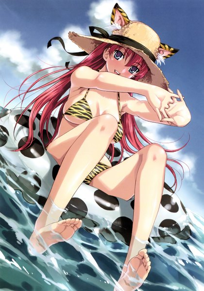 Anime picture 4227x6031 with original happoubi jin single long hair tall image highres breasts open mouth blue eyes light erotic smile animal ears absurdres sky cloud (clouds) red hair tail animal tail barefoot tiger ears