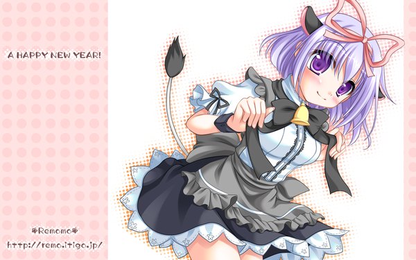 Anime picture 1920x1200 with remomo (artist) single highres short hair wide image purple eyes animal ears purple hair tail bell collar cow girl girl bell