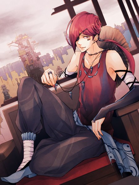 Anime picture 1000x1333 with nico nico singer reno (nico nico singer) nini (nini0022) single long hair tall image looking at viewer fringe red eyes sitting bare shoulders sky red hair light smile hair over one eye tattoo sleeveless piercing city cityscape