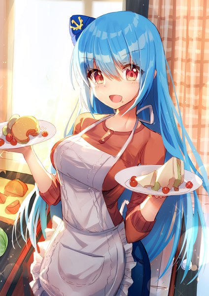 Anime picture 1000x1414 with warship girls r quincy (warship girls r) bison cangshu single long hair tall image looking at viewer blush fringe breasts open mouth hair between eyes red eyes large breasts standing holding blue hair indoors backlighting girl