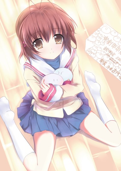 Anime picture 1240x1754 with clannad key (studio) furukawa nagisa mycstea (mistayoh) single tall image blush short hair smile brown hair sitting brown eyes pleated skirt wariza girl skirt school uniform socks white socks dango daikazoku