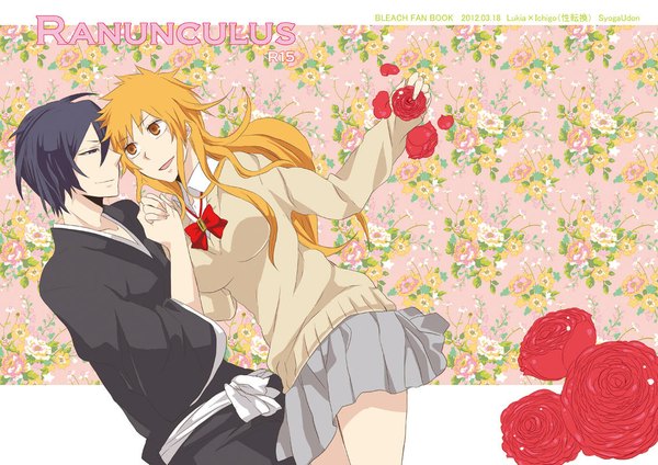 Anime picture 1132x800 with bleach studio pierrot kurosaki ichigo kuchiki rukia tagme (artist) long hair short hair black hair japanese clothes orange hair orange eyes genderswap girl boy skirt uniform flower (flowers) bow school uniform petals