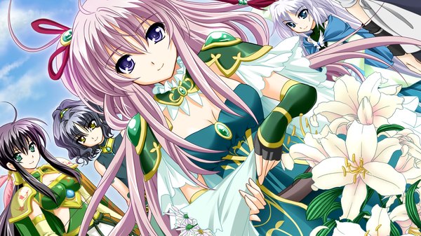 Anime picture 1280x720 with sangoku hime unicorn-a kan'u unchou (sangoku hime) chouhi yokutoku (sangoku hime) ato (sangoku hime) long hair black hair wide image purple eyes multiple girls green eyes yellow eyes game cg white hair grey hair girl dress flower (flowers) 4 girls