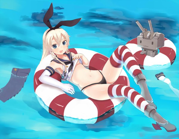 Anime picture 1300x1010 with kantai collection shimakaze destroyer rensouhou-chan moutama single long hair looking at viewer blush open mouth blue eyes light erotic full body white hair bunny ears legs afloat girl thighhighs gloves navel