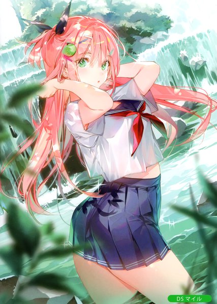 Anime picture 2105x2958 with melonbooks dsmile single long hair tall image looking at viewer blush fringe highres open mouth light erotic hair between eyes standing green eyes signed payot outdoors ass head tilt pleated skirt