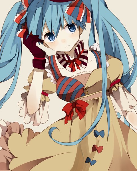 Anime picture 800x1000 with vocaloid hatsune miku ennui heiwa miku suzukiko single long hair tall image twintails aqua eyes aqua hair girl dress gloves ribbon (ribbons) hair ribbon