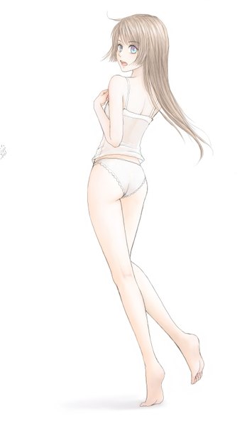 Anime picture 949x1636 with original erurodo (artist) single long hair tall image open mouth blue eyes light erotic simple background blonde hair white background looking back barefoot legs girl underwear panties tank top