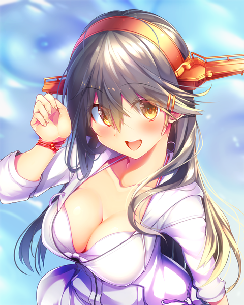 Anime picture 1200x1501 with kantai collection haruna battleship tsukui kachou single long hair tall image looking at viewer blush fringe breasts open mouth light erotic black hair hair between eyes large breasts yellow eyes cleavage upper body head tilt :d