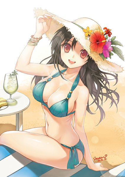 Anime picture 600x849 with original shuen single long hair tall image looking at viewer fringe breasts open mouth light erotic smile red eyes brown hair large breasts white background sitting signed bent knee (knees) wind bare belly