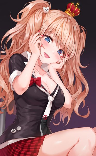 Anime picture 2391x3850 with dangan ronpa enoshima junko tokkyu single long hair tall image looking at viewer blush fringe highres breasts open mouth blue eyes simple background blonde hair sitting cleavage nail polish pleated skirt fingernails
