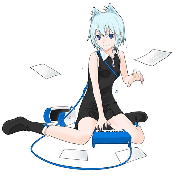 Anime picture 1000x1000 with yozakura quartet nanami ao suzuhito yasuda single looking at viewer short hair blue eyes simple background smile white background sitting animal ears blue hair full body cat ears sleeveless girl boots headphones paper