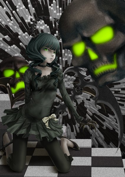 Anime picture 2480x3508 with black rock shooter dead master pi (pppppchang) single long hair tall image highres green eyes horn (horns) green hair lips kneeling drill hair girl dress bow weapon shoes pendant skull