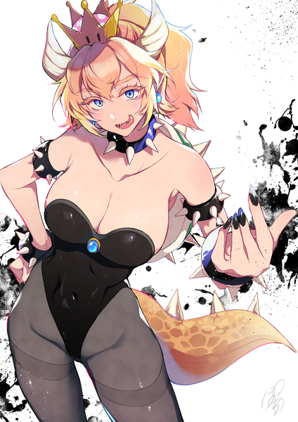 Anime picture 1013x1435 with super mario bros. new super mario bros. u deluxe bowsette pochi (pochi-goya) single long hair tall image looking at viewer breasts blue eyes light erotic blonde hair large breasts white background cleavage ponytail tail nail polish horn (horns) teeth