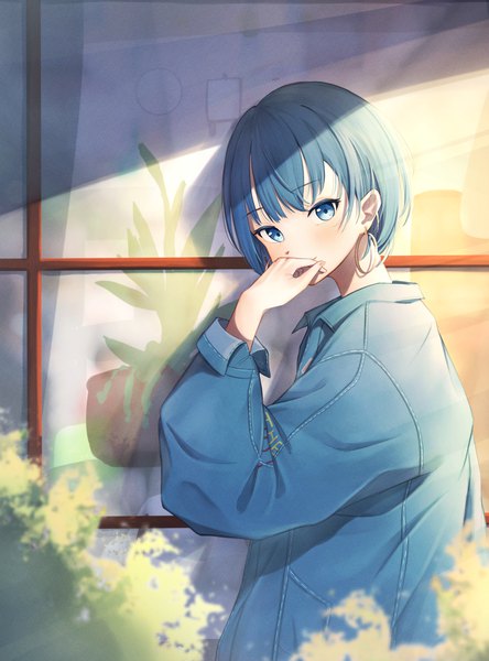 Anime picture 2264x3060 with project sekai kiritani haruka isana615 single tall image looking at viewer blush fringe highres short hair blue eyes smile standing blue hair blunt bangs long sleeves arm up turning head covered mouth denim