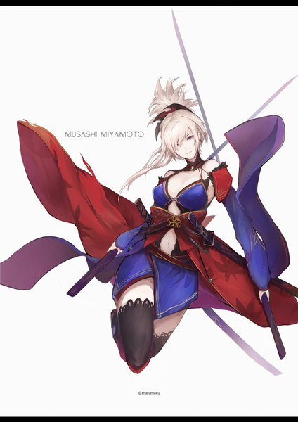 Anime picture 1158x1638 with fate (series) fate/grand order miyamoto musashi (fate) marumoru single long hair tall image looking at viewer fringe simple background white background purple eyes holding cleavage silver hair full body ponytail hair over one eye character names letterboxed