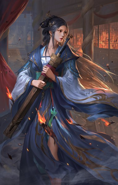 Anime picture 3000x4708 with legend of the three kingdoms tagme (character) kuyoshi single long hair tall image highres black hair standing holding looking away indoors traditional clothes parted lips wind realistic wide sleeves grey eyes lipstick turning head