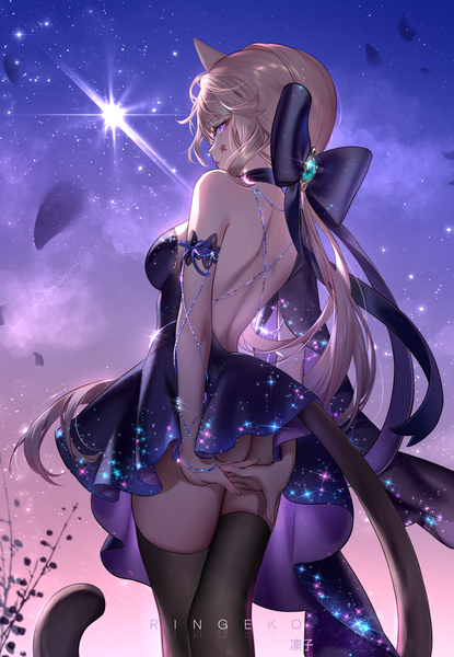Anime picture 3867x5596 with genshin impact lynette (genshin impact) ringeko-chan single long hair tall image looking at viewer fringe highres light erotic brown hair standing purple eyes signed animal ears absurdres outdoors ass tail animal tail