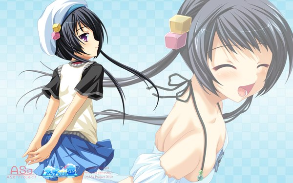 Anime picture 1920x1200 with asa project atchi muite koi (game) narumi runa long hair highres open mouth black hair wide image purple eyes twintails eyes closed zoom layer girl skirt miniskirt beret