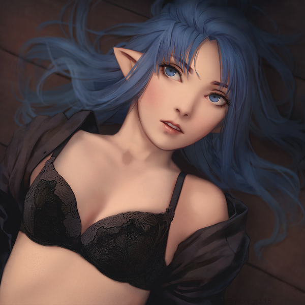 Anime picture 1280x1280 with fate (series) fate/stay night caster miura-n315 single long hair blush fringe breasts blue eyes light erotic payot blue hair looking away cleavage upper body lying parted lips head tilt lips