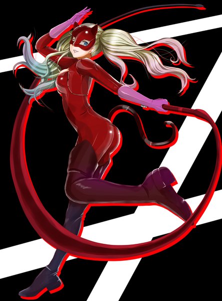 Anime picture 3031x4092 with persona 5 persona takamaki anne muutsu (maxwell0916) single long hair tall image looking at viewer highres blue eyes light erotic simple background blonde hair twintails holding absurdres full body bent knee (knees) ass tail