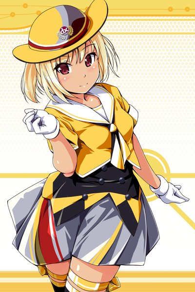 Anime picture 800x1200 with beatmania beatmania iidx matsunaga kouyou single tall image looking at viewer blush short hair blonde hair red eyes girl dress gloves white gloves