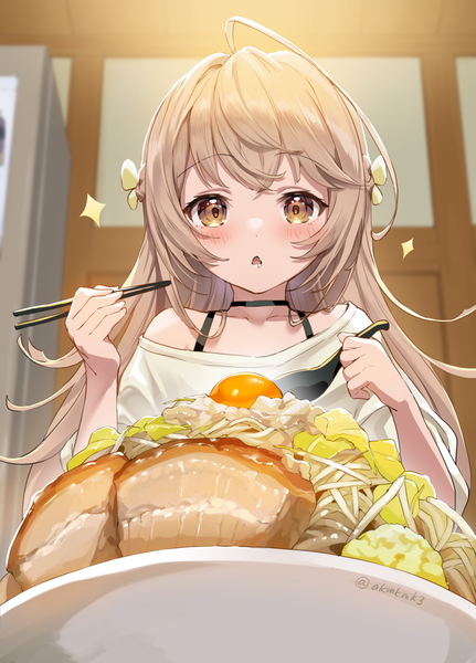 Anime picture 1500x2086 with original akamoku single long hair tall image looking at viewer blush open mouth blonde hair brown eyes signed upper body ahoge indoors off shoulder twitter username saliva girl choker food