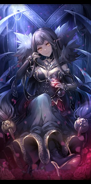 Anime picture 446x900 with fate (series) fate/apocrypha semiramis (fate) yunohito single tall image breasts black hair smile large breasts sitting yellow eyes cleavage very long hair pointy ears high heels crossed legs adjusting hair girl hair ornament