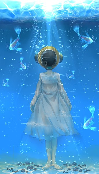 Аниме картинка 900x1575 с .flow oreko chitose mame один (одна) высокое изображение стоя босиком солнечный свет под водой девушка платье животное белое платье прозрачная одежда пузырь (пузыри) рыба (рыбы) шлем шестерни болт водолазный шлем