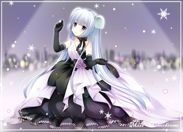 Anime picture 3889x2821 with miss monochrome miss monochrome (character) zexel single long hair highres blue eyes absurdres white hair girl dress gloves flower (flowers) bow black gloves elbow gloves black dress rose (roses)