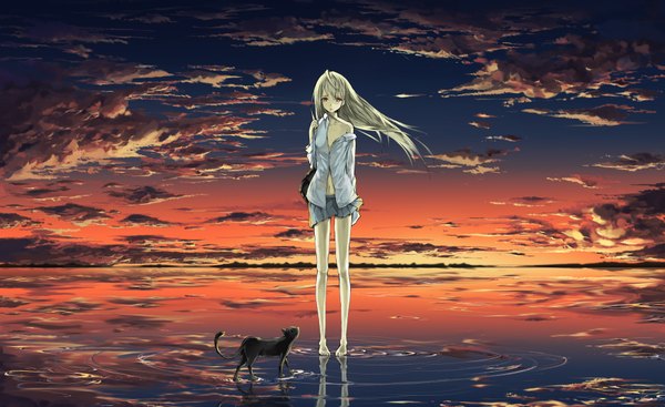 Anime picture 1754x1073 with original solru (tyappygain) single long hair looking at viewer highres blonde hair red eyes wide image bare shoulders sky cloud (clouds) barefoot open clothes open shirt evening sunset hands behind back weightlessness sad