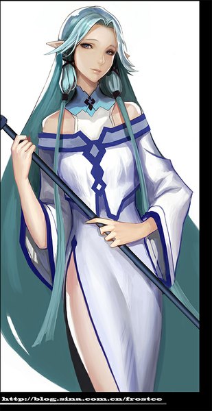 Anime picture 516x1000 with sword art online a-1 pictures siune (sao) sakusaku (frostce) single tall image blue eyes very long hair lips pointy ears aqua hair girl staff clothes