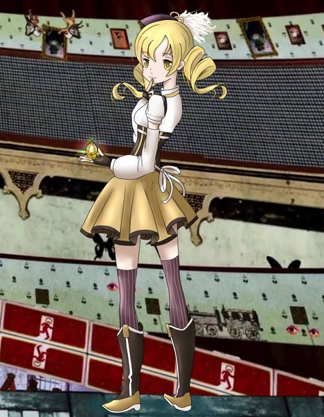 Anime picture 1400x1800 with mahou shoujo madoka magica shaft (studio) tomoe mami eriko201 single long hair tall image blonde hair yellow eyes drill hair finger to mouth girl thighhighs dress hat detached sleeves boots fingerless gloves striped thighhighs