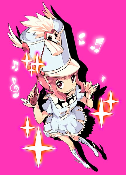 Anime picture 880x1225 with kill la kill studio trigger jakuzure nonon kanro ame (ameko) single tall image looking at viewer short hair simple background payot pink hair full body pink eyes from above shadow pink background :3 girl uniform hat