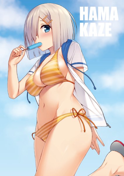 Anime picture 621x877 with kantai collection hamakaze destroyer mikazuchi zeus single tall image blush fringe short hair breasts blue eyes light erotic large breasts standing sky silver hair cloud (clouds) outdoors hair over one eye open clothes from below